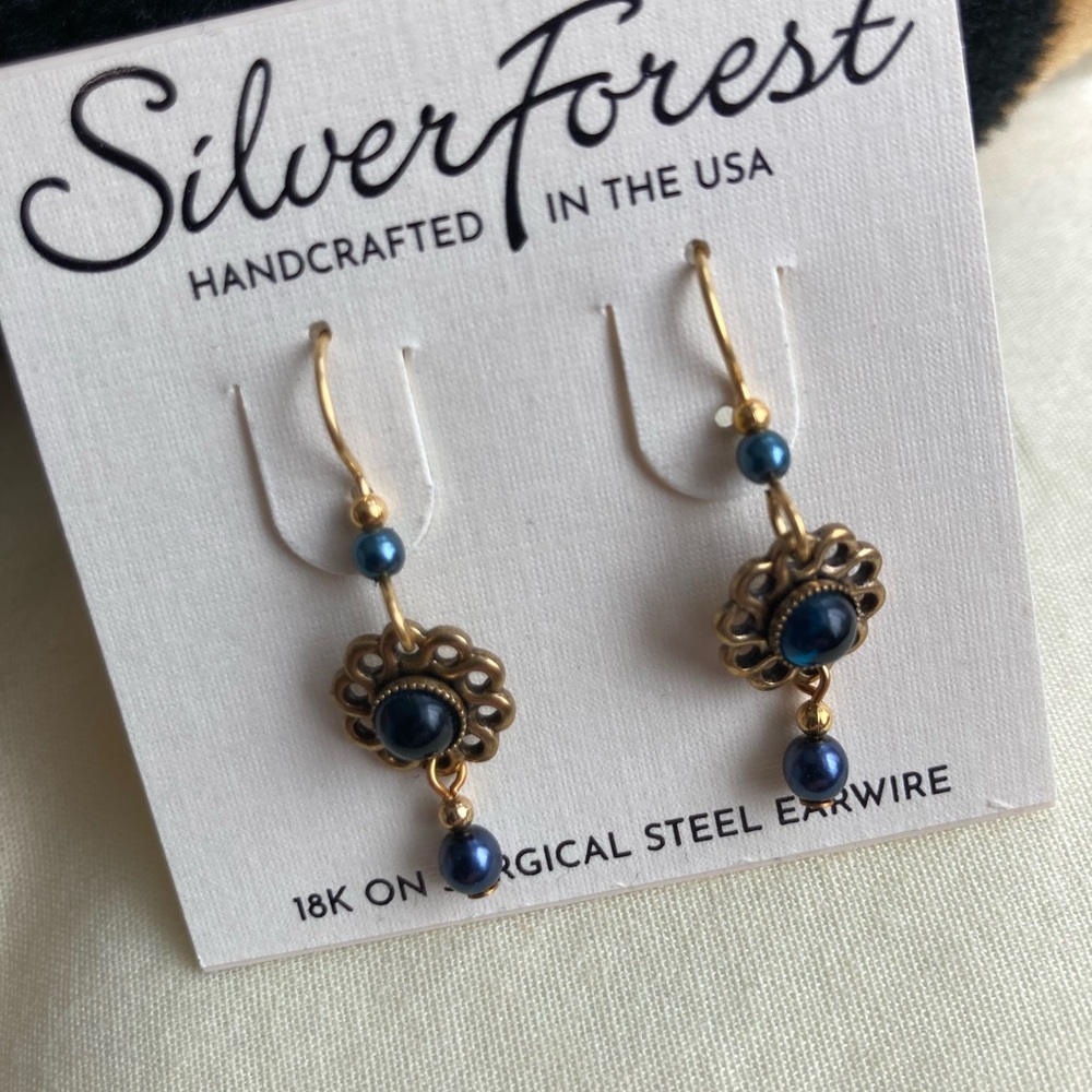 Silver Forest Gold-Tone Floral Earrings with Blue Beads- never worn